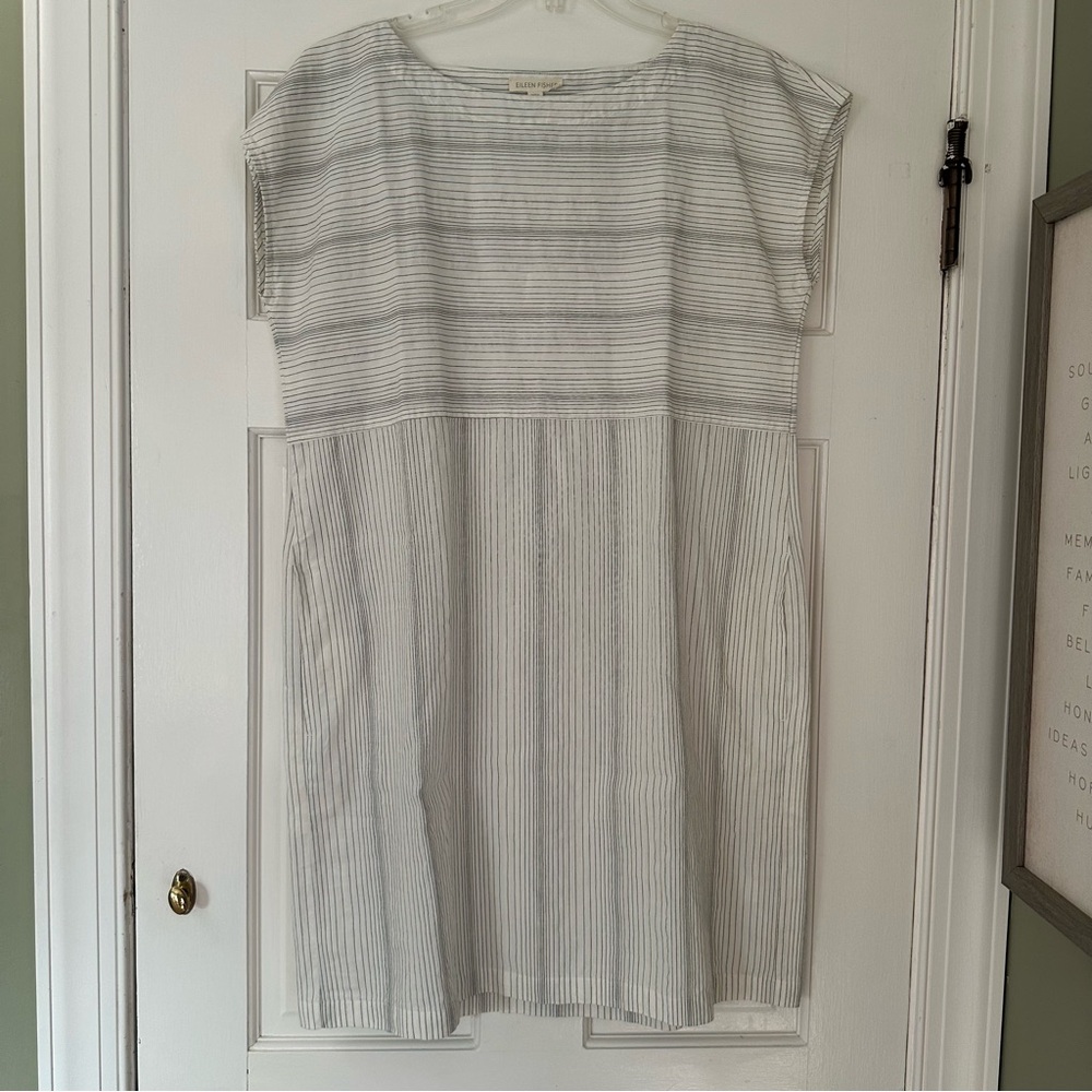 Eileen Fisher Small Linen Dress Lightweight Gray White